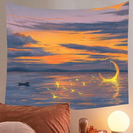 Æstetisk vægdekoration vægtæppe måne stiger op over havet landskab