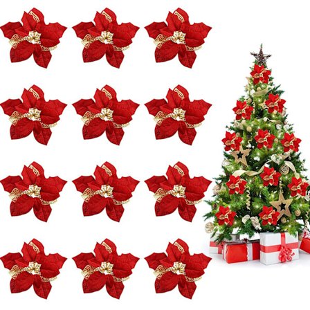 12 stk. Juleblomster Dekorationer Julepynt Blomster Rød Guld Glitter med Klips, Kunstige Juleblomster til Juletræspynt