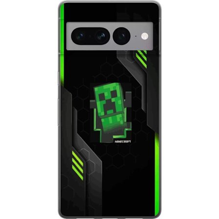 Kompatibelt Mobilskal till Google Google Pixel 7 Pro Grön pixelbaserad creeperliknande spelillustration med futuriska neoninslag och mörk techbakgru