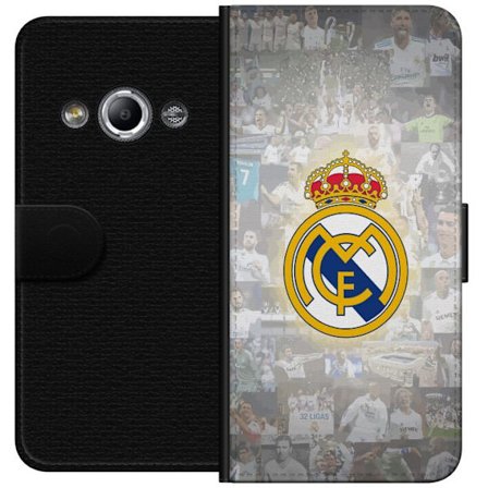 Yhteensopiva Lompakkokotelo Samsung Galaxy Xcover 3 Real Madridin tunnus edessä pelaajien kollaasin ja tittelifestivaalien kanssa valkoisessa sävyssä