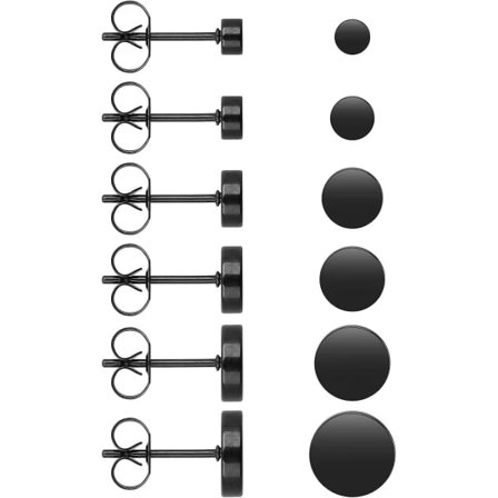 {PL}6 Pairs Black Stainless Steel Stud Earrings Unisex Round Flat Studs Earrings for Men Women (3mm-8mm) Stainless Steel