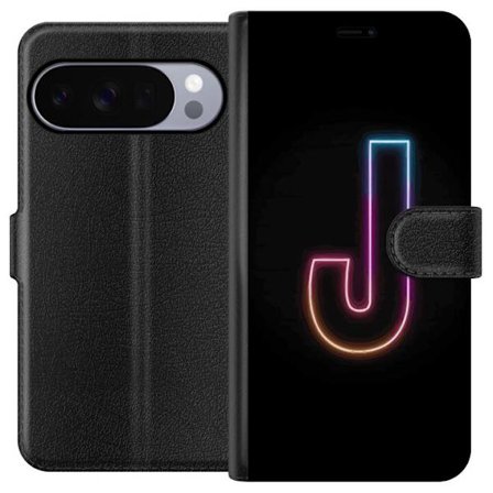 Yhteensopiva Lompakkokotelo Google Google Pixel 10 Pro Minimaalinen neonkirjain J värien vaihtuessa valossa mustaa taustaa vasten