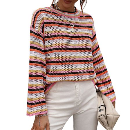 Dam vinter casual tröja rund hals randig tröja långärmad plus size pullover