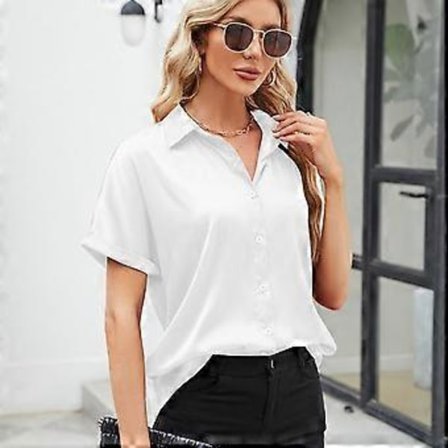 Dame Satin Skjorte Sort Grøn Hvid Revers Knap Kortærmet Toppe Løs Bluse(L hvid)