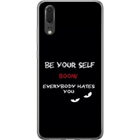 Kompatibelt Mobildeksel til Huawei P20 Mørk minimalistisk tekstillustrasjon med ironisk budskap og truende øyne i svart kontrast