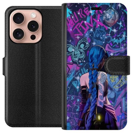 Yhteensopiva Lompakkokotelo Apple Apple iPhone 16 Pro Värikäs graffitipiirros, jossa on sinisellä hiuksilla varustettu hahmo kaupunkimaisessa neon-