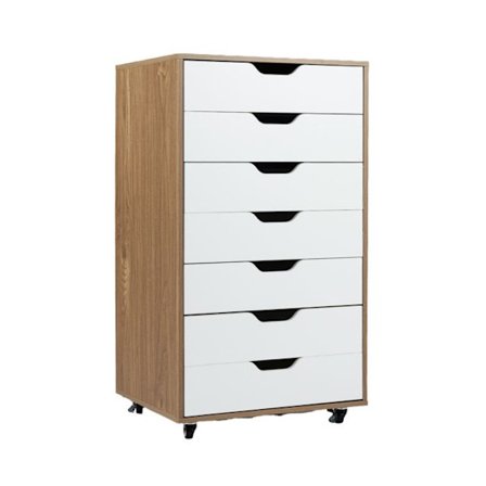 COSTWAY Mobilvogn med 7 Skuffer og 4 Universelle Hjul, 2 Låselige, til Kontor, Studie, Stue, Værelse, Naturlig