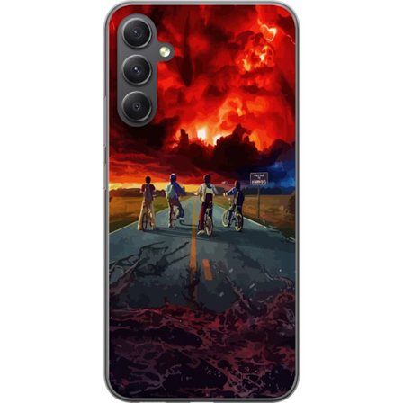 Yhteensopiva Puhelinkuori Samsung Galaxy A05s Stranger Things -inspiroima tiedeplasti juliste, jossa on pyöräileviä lapsia, dramaattinen taivas ja tum