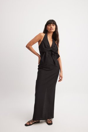 Chloé Schuterman x NA-KD Robe longue avec nœud sur le devant - Robe ras de cou - Noir - EU 34