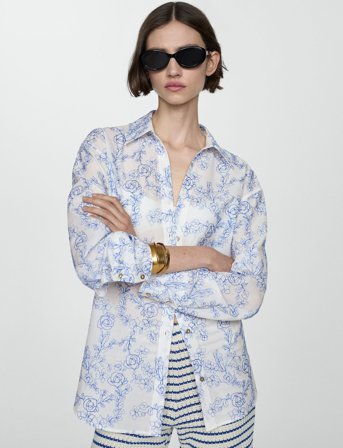 Mango Shirt With Floral Embroidery - Blue - XS