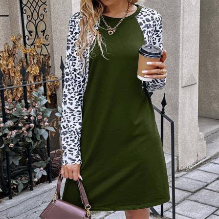 Kvinnor Långärmad T-shirt Klänningar Leopard Print Kort Mini Klänning