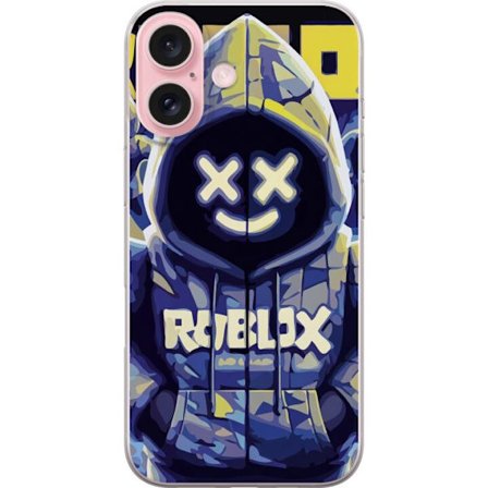 Kompatibelt Mobildeksel til Apple Apple iPhone 16 Blågul Roblox hettegenserfigur med minimalistisk neonstil og masket ansikt, moderne spillillustrasj