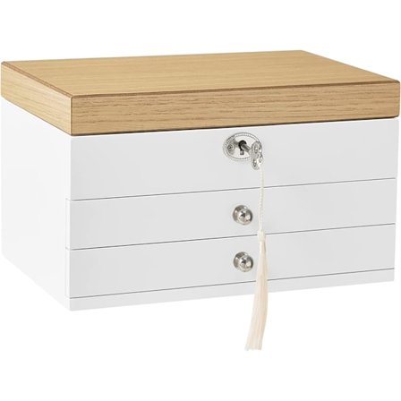 Songmics smykkeskrin, 3-etagers smykkearrangør med stort spejl, hvid og trækornfarve