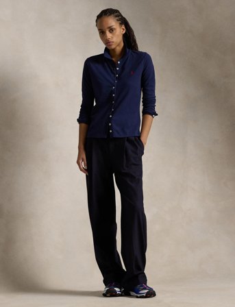 Polo Ralph Lauren Buttoned-Placket Long-Sleeve Polo Shirt - Navy - M