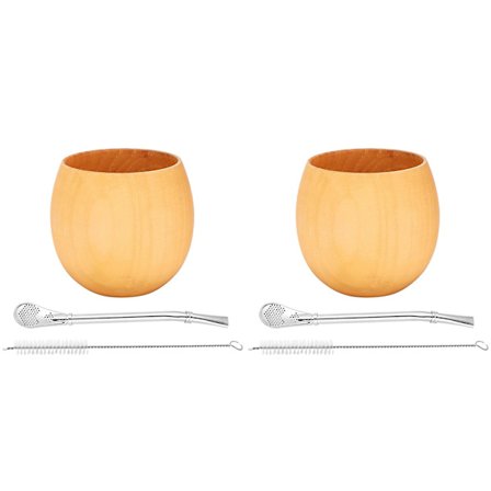 2X Trä Yerba Gourd Mate Teset Naturträ Kaffe Vatten Mate Kopp med Sked Sugrör Klocka