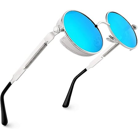 Silver frame Blue lens-Polarized round men women sunglasses inspired by retro Steampunk style in metallic circle