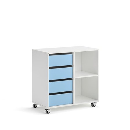 Elevförvaring CASPER, 4 lådor, 2 fack, hjul, vit, himmelsblå
