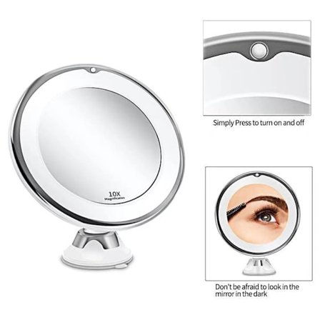 Forstørrende 10X LED-makeupspejl med lys – bærbar bordmodel med hvid belysning og sugekop til detaljeret makeup_TF_TF