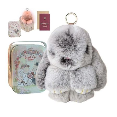 Bunnylulu Nyckelring, Bunny Lulu Nyckelring, Söt Kaninnyckelring med Elegant Ask, Kaninnyckelring Plysch (FMY)