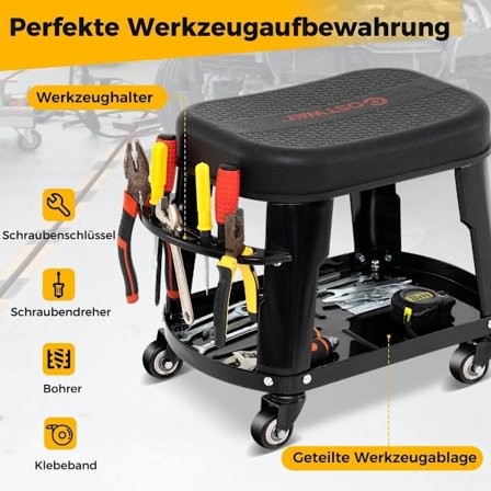 Værkstedskammel værkstedsstol med udstyrsbakke og værktøjsholder værkstedsrullestol sort
