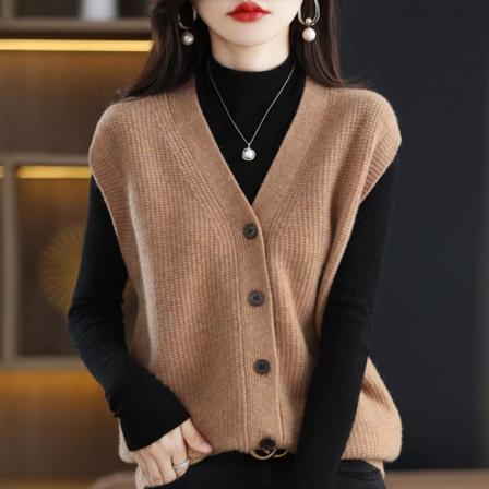 Kvinnor Stickat Höst Vinter Tröja Koftväst Löst matchande ärmlösa ytterkläder Cover-up Khaki 65*105cm