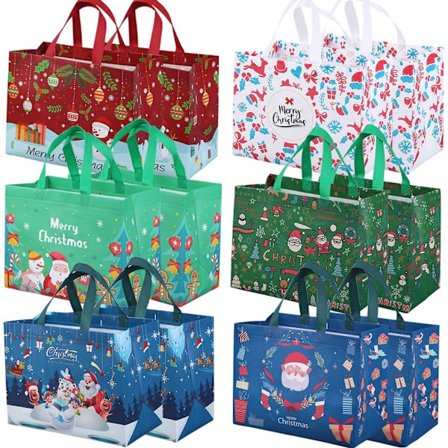 12-pakning Gjenbrukbare Julehandlenett, Tote Bag med Håndtak, Gavepose, Handlenett for Julearrangement