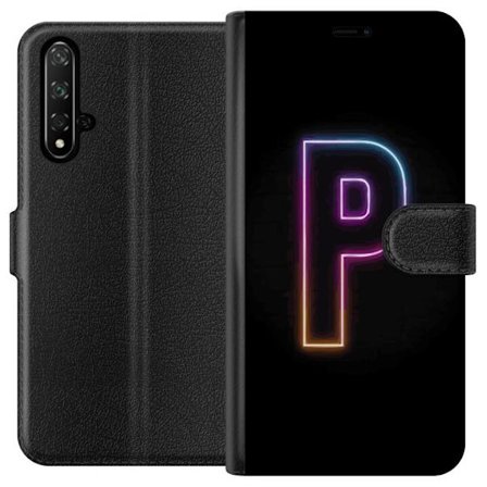 Kompatibel Tegnebogsetui til Honor Honor 20 Minimalistisk neonbogstav P i farvegradient og lyseffekt mod sort baggrund i digital neonstil