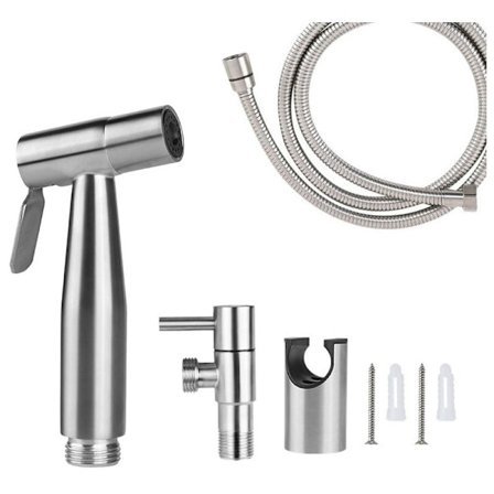 WC handduschset, 1,5 m slang och hållare, G1/2 adapter, silver