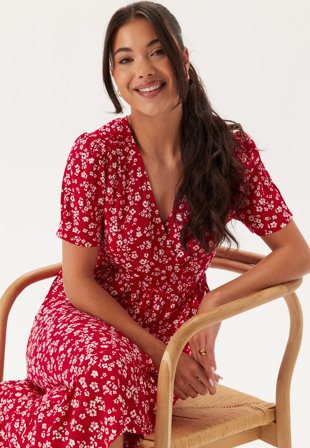 Happy Holly - Evie Puff Sleeve Midi Wrap Dress - Red/Patterned