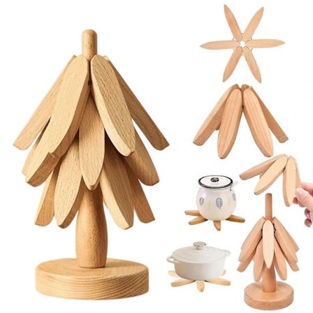 (pow yeah!) Foldbart Træunderlag i Valnød med Opbevaringsstativ, Varmebestandige Køkkenunderlag til Varme Gryder, Skåle & Tekander Log color 3 