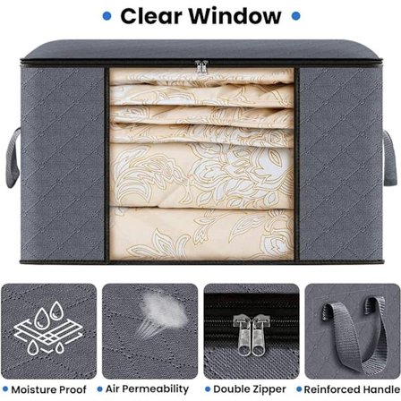 90L Sammenfoldelige opbevaringskasser 6-pak til tøj med lynlåse forstærket håndtag åndbar grå