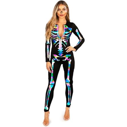 (Størrelse L) 1 stk. Halloween slim fit charmerende skelet jumpsuit, sexet skelet kostume til kvinder