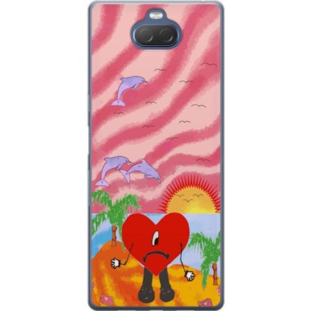 Kompatibel Mobilcover til Sony Xperia 10 Plus Bad Bunny i en farverig quiltet jakke med hjertemønster og solbriller i moderne gade stil