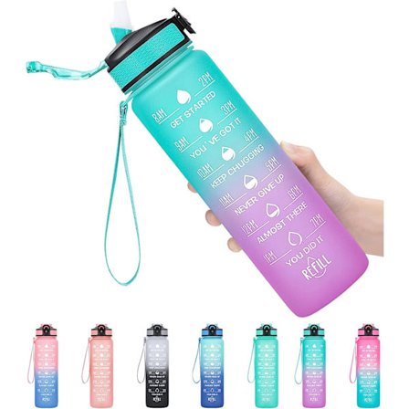 1 liter Motivational Fitness Sport vandflaske med halm & Time Maker, Lækagesikker