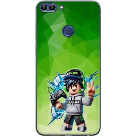 Kompatibel Mobilcover til Huawei P smart Roblox-inspireret gamerfigur med headset, controller og energiske effekter mod grøn baggrund
