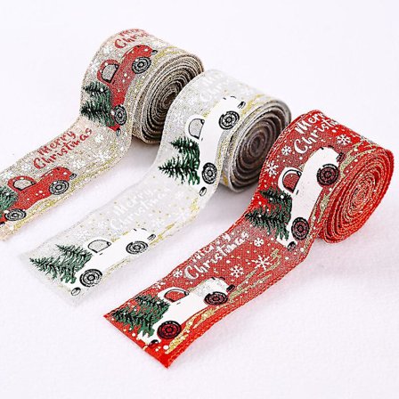 3 Ruller Julebånd 5 cm x 4,5 meter Juletre og Lastebil Bånd med Ståltråd Gavebånd til DIY Gavekranser Innpakning