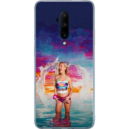 Kompatibel Mobilcover til OnePlus 7T Pro Blond kvinde i farverigt strandtøj, der leger i havet ved solnedgang