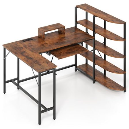 COSTWAY L-formad Skrivbord med Förvaringshyllor - med Grenuttag och Laddstation - Monitorställ