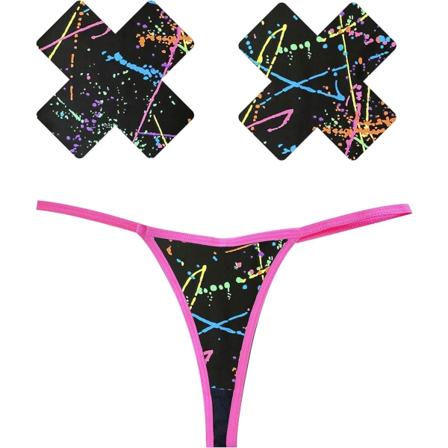 en naken Naughty Nix G-string med matchande Nipztix Pasties Grafitti Black