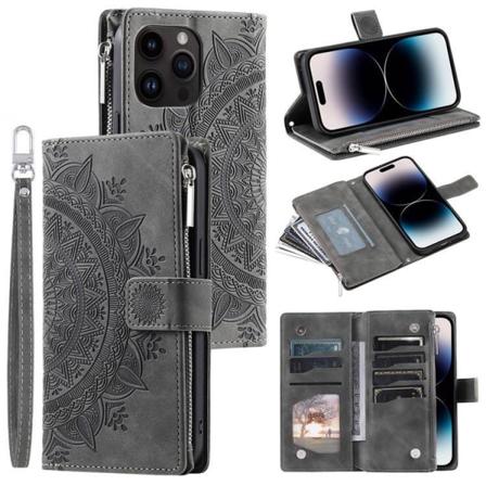 iPhone 15 Pro Max -lompakkokotelo Mandala Flower Imprinted - Harmaa