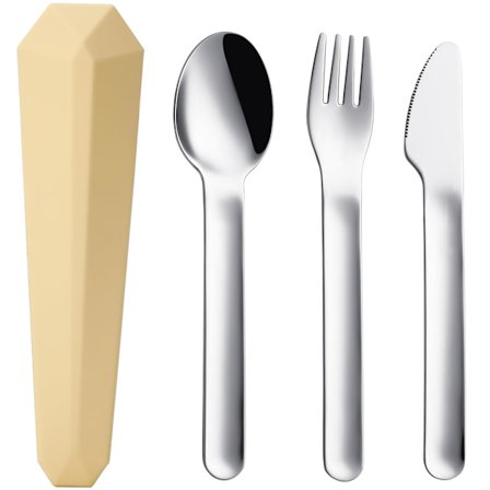 Reisesett med bestikk og etui, bærbar piknik- og campingsett for 1 person, gjenbrukbar 18/8 rustfritt stål gaffel skje kniv (gul)