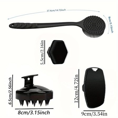 4 stk Dusjbørstesett | Skånsom frostet kroppsbørste med langt håndtak og myke silikonbørster for rygg, ansikt, kropp og hodebunnsmassasje | Effektiv