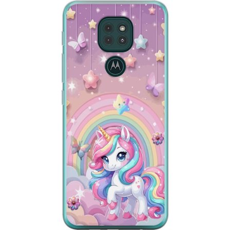 Kompatibelt Mobildeksel til Motorola Moto G9 Play Magisk enhjørning med regnbue manke, stjerner og sommerfugler mot en pastellhimmel med skyer