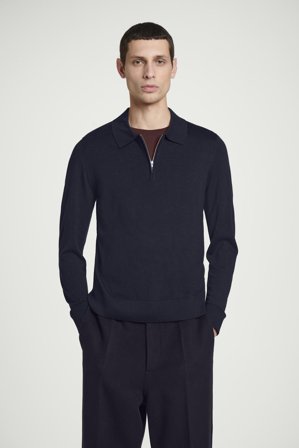 COS Men's Merino Wool Zip Up Polo Shirt in Blue