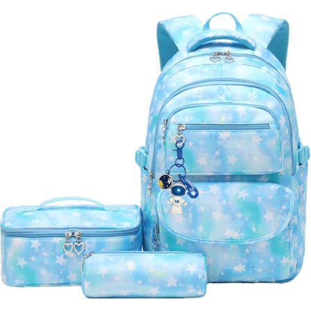 Rygsæk til folkeskolen, 3-delt, let, åndbar skoletaske til piger, børns rygsæk med madkasse (blå)