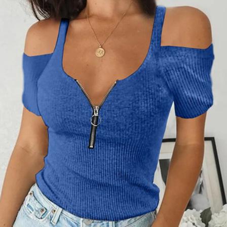 Enfärgad Tunika För Kvinnor T-shirt Med Dragkedja Framtill