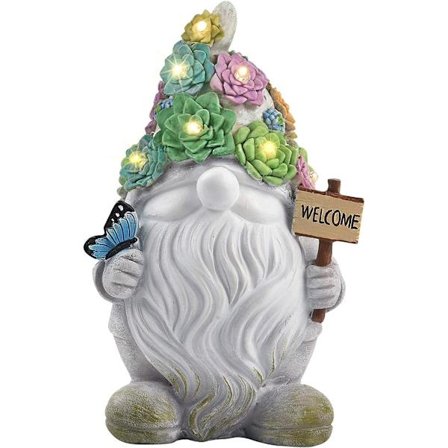 Gnome Hagefigurer Utendørs Dekor, Solcelledrevne Gnome Figurer Lys for Hagedekorasjon Hagekunstgaver med 10 Varme Hvite LED-lys