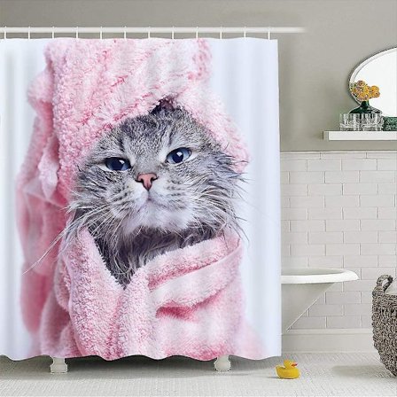 Duschdraperi med djurmotiv med 12 duschdraperiringar, tvättbar katt B