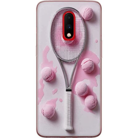 Kompatibelt Mobildeksel til OnePlus OnePlus 7 Rosa glasskuler og tennisracket i et kreativt, stille bilde med leken popfølelse og moderne design som