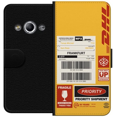 Kompatibel Tegnebogsetui til Samsung Galaxy Xcover 3 DHL Express fragtetiket design med stregkoder, Frankfurt tekst og logistiktema grafisk motiv per